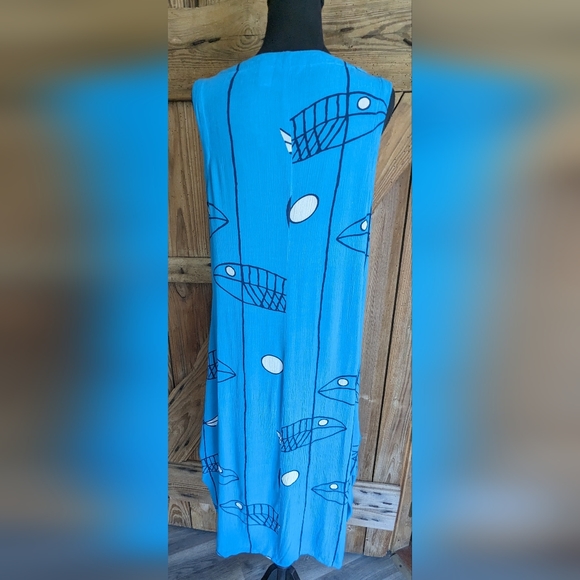 Kaktus Women's Blue Sundress mirror fish print midi rayon Med T-1 - Picture 7 of 10